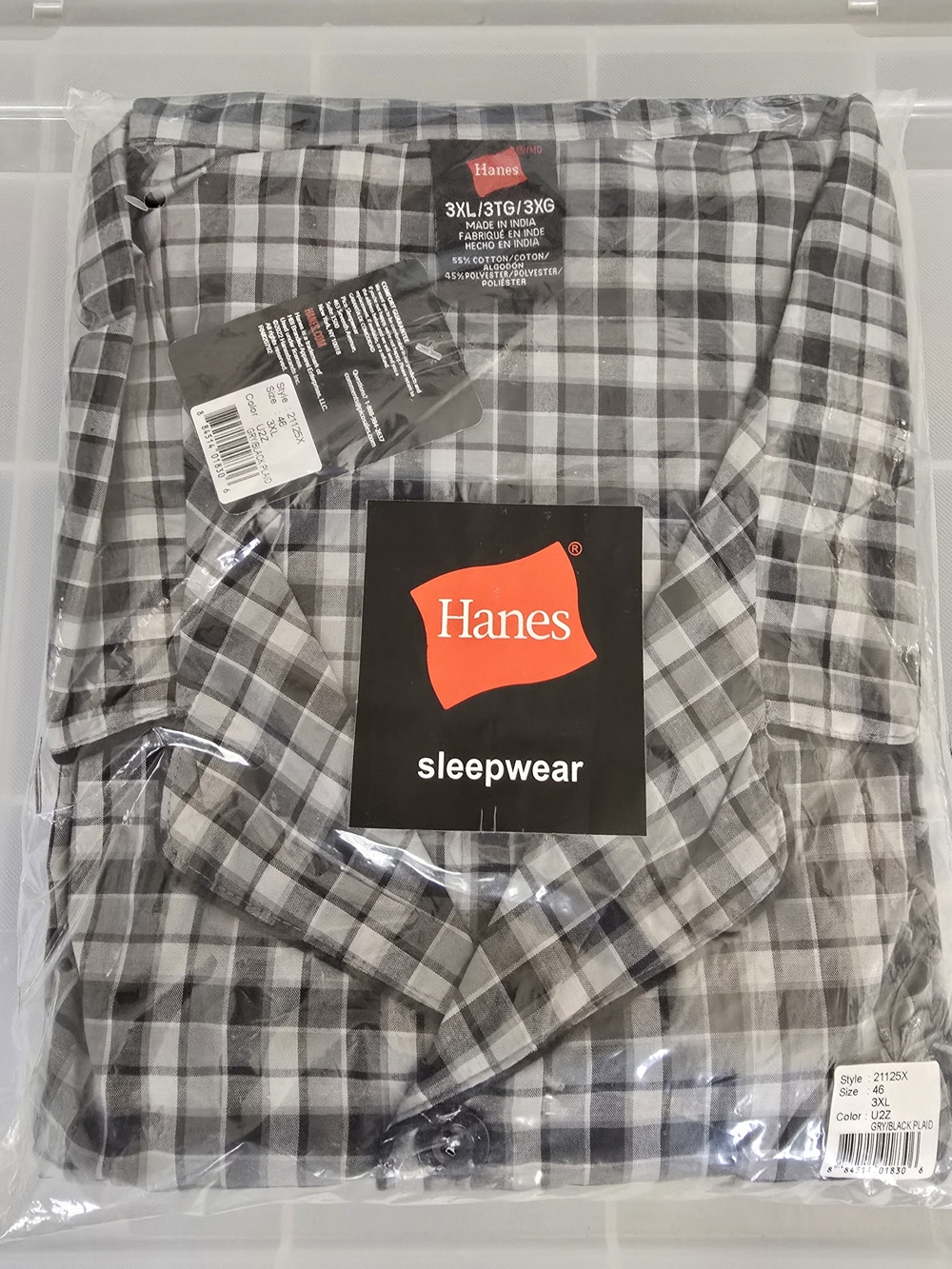NWT Hanes Men's Cotton/Poly 2-Piece Black Plaid Pajama Set - Size 3XL